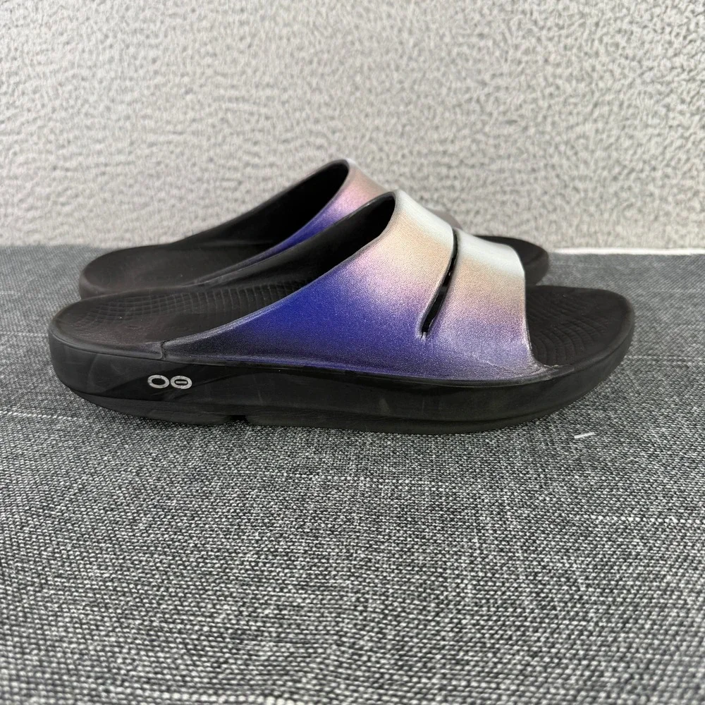OOFOS OOahh Sport Slide Sandal Mens 9 Womens 11 Purple Iridescent Ombre Recovery